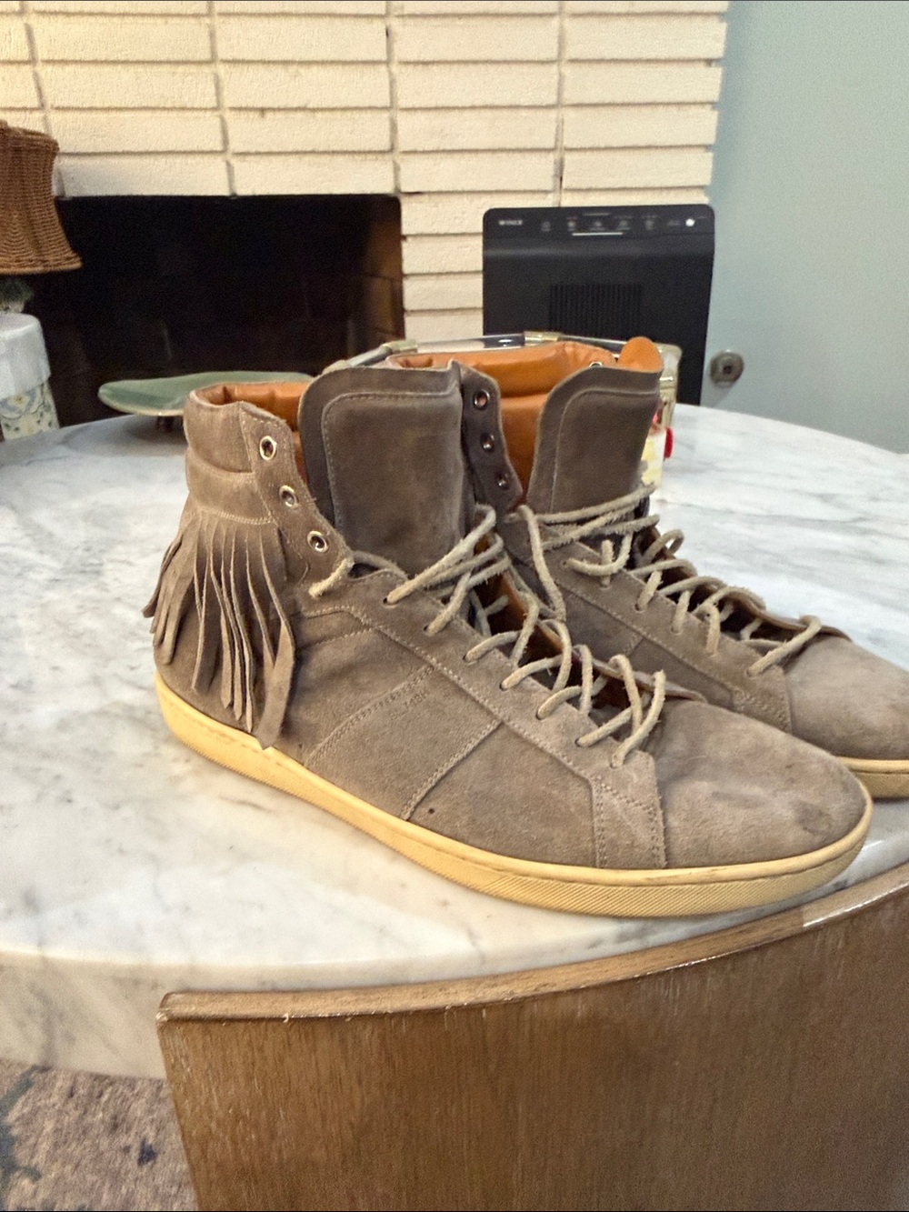 Saint Laurent Men's High-Top Suede Fringe Sneakers - Taupe